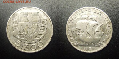 МОНЕТЫ МИРА 03-18 - Португалия – 5 эскудо (1951) «Парусник» (Ag)