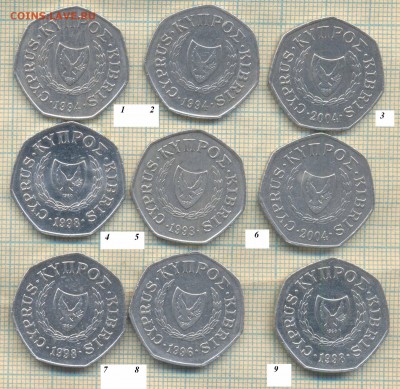 Кипр 50 центов 1994 - 2004 гг., фикс цена 25 руб - Кипр 50 ц 9шт
