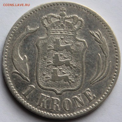 Дания. 1 крона 1876. Серебро, проба - 800, вес - 7,5 - 1