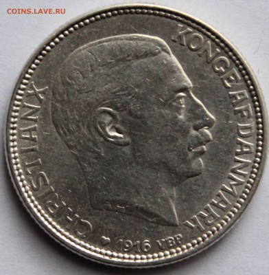 Дания. 1 крона 1916. Серебро, проба - 800, вес - 7,5 - 7