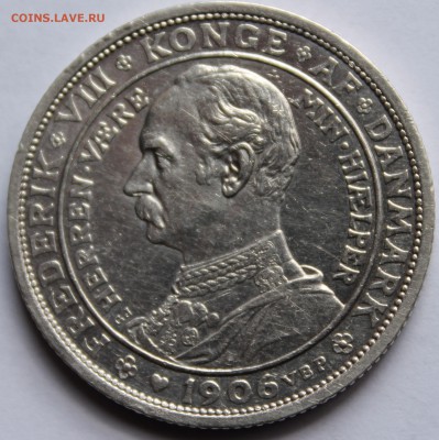 Дания. 2 кроны 1906. Серебро, проба - 800, вес - 15 - 3