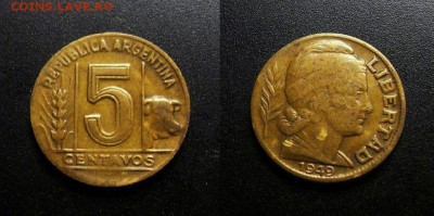 МОНЕТЫ МИРА 03-18 - Аргентина - 5 сентаво (1949) «Колос и корова»