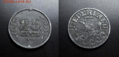 МОНЕТЫ МИРА 03-18 - Нидерланды – 25 центов (1941) «Немецкая оккупация; ладья» (цинк)