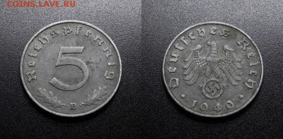 МОНЕТЫ МИРА 03-18 - Германия (3-й Рейх) – 5 рейхспфеннигов (1940 В) цинк №1