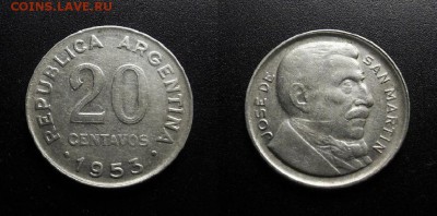 МОНЕТЫ МИРА 03-18 - Аргентина – 20 сентаво (1953) «Хосе де Сан Мартин»