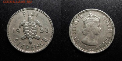 МОНЕТЫ МИРА 03-18 - Фиджи – 6 пенсов (1953) «Морская черепаха; Елизавета II»