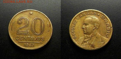 МОНЕТЫ МИРА 03-18 - Бразилия – 20 сентаво (1943) «Жетулио Дорнелис Варгас – президент Бразилии»