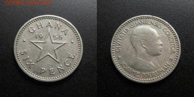 МОНЕТЫ МИРА 03-18 - Гана – 6 пенсов (1958) «Кваме Нкрума – первый президент Ганы» медь-ник.