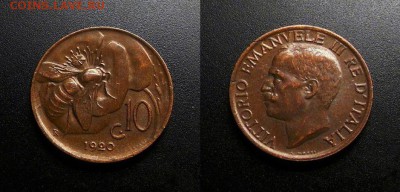 МОНЕТЫ МИРА 03-18 - Италия – 10 чентезимо (1920) «Пчела» бронза (XF)