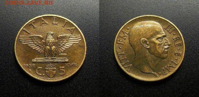 МОНЕТЫ МИРА 03-18 - Италия - 5 чентезимо (1939) алюм.-бронза (XF)