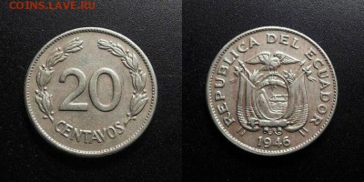 МОНЕТЫ МИРА 03-18 - Эквадор – 20 сентаво (1946) медь-ник. (XF)