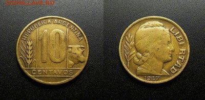 МОНЕТЫ МИРА 03-18 - Аргентина - 10 сентаво (1947) «Колос и корова»