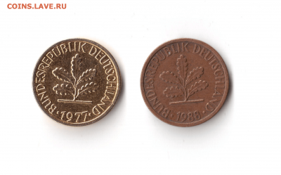2 пфеннига j 1972 и 1 пфенниг d 1977, разновидности - цвет-min