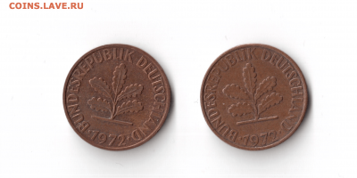 2 пфеннига j 1972 и 1 пфенниг d 1977, разновидности - Разные знаки монетного двора2-min