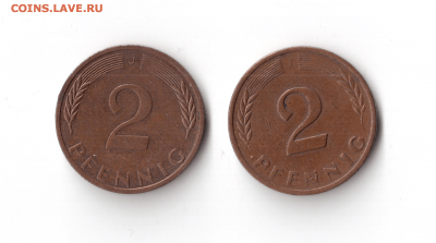 2 пфеннига j 1972 и 1 пфенниг d 1977, разновидности - Разные знаки монетного двора1-min