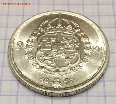 2 кроны, 1947 год. Швеция (лот 1) - 374FD884-7B94-4F10-97B5-D76A28E2D3A5