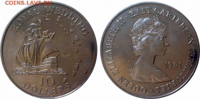 Крона Шайба Восточные Карибы 10$ долларов 1981 Корабль - krona_shajba_vostochnye_kariby_10_dollarov_1981_korolevskaja_svadba_vostochno_karibskie_shtaty_korabl