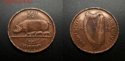 МОНЕТЫ МИРА 555 - Ирландия – 0,5 пенни (1935) «Свиноматка» №1-3