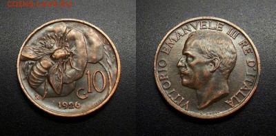 МОНЕТЫ МИРА 555 - Италия – 10 чентезимо (1926) «Пчела» бронза №1-3