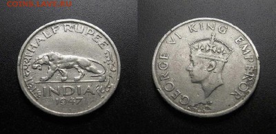 МОНЕТЫ МИРА 555 - Брит. Индия – 0,5 рупии (1947) «Идущий тигр; Георг VI»