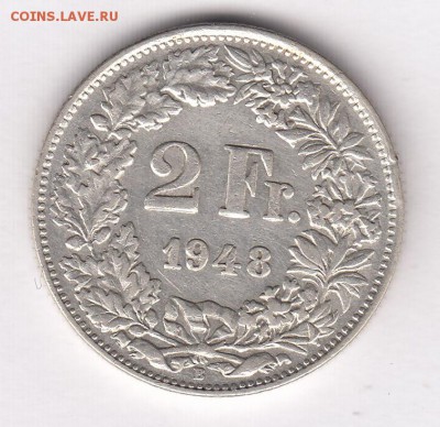 Швейцария, 2 франка 1948 до 29.05.18, 22:30 - #И-1085