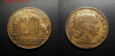 МОНЕТЫ МИРА 555 - Аргентина - 20 сентаво (1949) «Колос и корова»