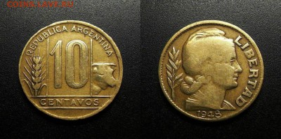 МОНЕТЫ МИРА 555 - Аргентина - 10 сентаво (1948) «Колос и корова»