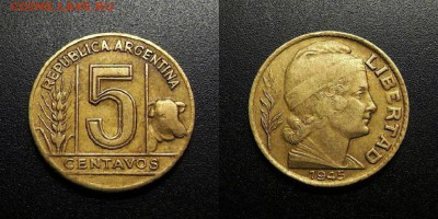 МОНЕТЫ МИРА 555 - Аргентина - 5 сентаво (1945) «Колос и корова»