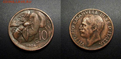 МОНЕТЫ МИРА 555 - Италия – 10 чентезимо (1926) «Пчела» бронза №2-3