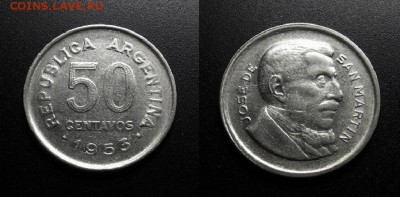 МОНЕТЫ МИРА 555 - Аргентина – 50 сентаво (1953) «Хосе де Сан Мартин – национальный герой»