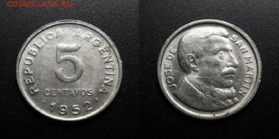 МОНЕТЫ МИРА 555 - Аргентина – 5 сентаво (1952) «Хосе де Сан Мартин»