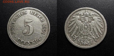 МОНЕТЫ МИРА 555 - Германия – 5 пфеннигов (1901 А)