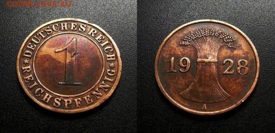 МОНЕТЫ МИРА 555 - Германия – 1 рейхспфенниг (1928 А) бронза