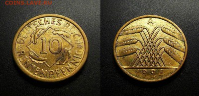 МОНЕТЫ МИРА 555 - Германия – 10 рентенпфеннигов (1924 А) №1