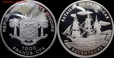 1000 франков КОТ-Д'ИВУАР 2007. Парусник Bucentaure - КотДиВуар 1000 франков 2007 г.