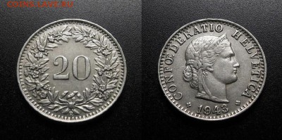 МОНЕТЫ МИРА 555 - Швейцария – 20 раппенов (1943)
