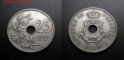 МОНЕТЫ МИРА 555 - Бельгия – 25 сантимов (1909) (редкий год)