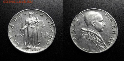 МОНЕТЫ МИРА 555 - Ватикан - 5 лир (1953) «Юстиция – богиня правосудия» №1