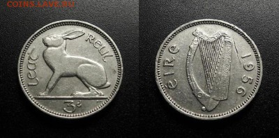МОНЕТЫ МИРА 555 - Ирландия – 3 пенса (1956) «Заяц» №1-2