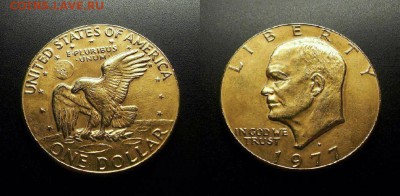 МОНЕТЫ МИРА 555 - США – 1 доллар (1977) «200 лет Независимости (Колокол Свободы); Эйзенхауэр» (d-38мм) (золочение)