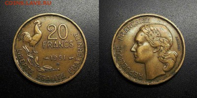 МОНЕТЫ МИРА 555 - Франция – 20 франков (1951 В) «Петушок» №1