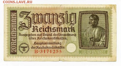 3-й Рейх оккупационные 20 марок - 3йРейх_оккупация-кредитка-20марок_лицо