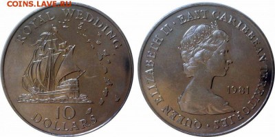 Крона Шайба Восточные Карибы 10$ долларов 1981 Корабль - krona_shajba_vostochnye_kariby_10_dollarov_1981_korolevskaja_svadba_vostochno_karibskie_shtaty_korabl