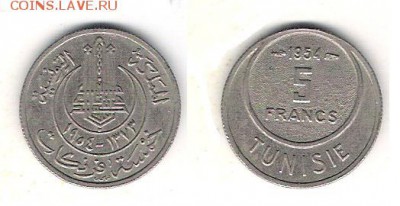 Франц. Тунис 5 франков 1954 с 1 руб. До 28.06 в 22.10 - Фр. Тунис 5 франков 1954