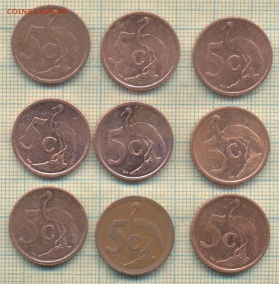 ЮАР 5 центов 2000х гг. , фикс 10 руб - ЮАР 5 ц 9шт