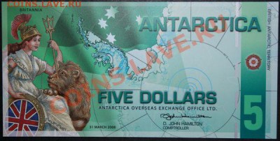 Дешевые иностранные боны - Антарктида. 5 долларов Пластик 2008 Пресс