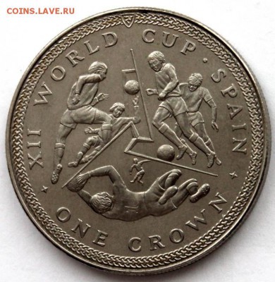 Шайба Остров Мэн 1 крона 1982 Чемпионат Мира по футболу 1982 - krona_shajba_ostrov_men_1_krona_1982_chempionat_mira_po_futbolu_1982_ispanija_vratar_vnizu