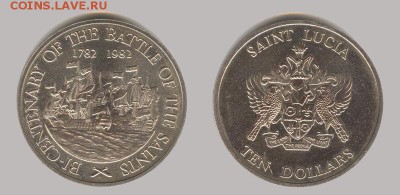 Крона Шайба Санта Лючия 10$ долларов 1982 Сент Люсия Корабль - krona_shajba_santa_ljuchija_10_dollarov_1982_sent_ljusija_korabl_parusnik_morskoe_srazhenie_bitva_unc