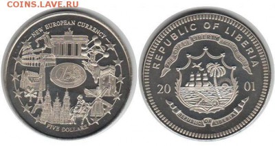 Крона Шайба Либерия 5$ долларов 2001 Новая Валюта Европы - 805412b