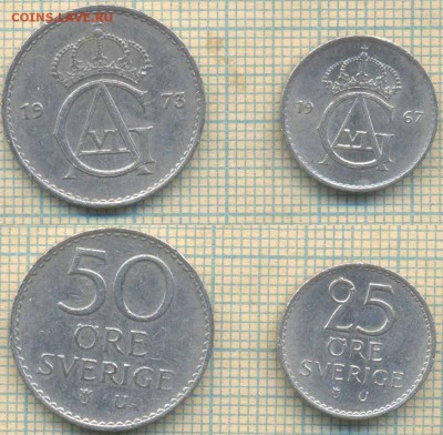 Швеция 50 эре 1973, 25 эре 1967 г., до 10.07.2018 г. 22.00 п - Швеция 2 монеты 1049